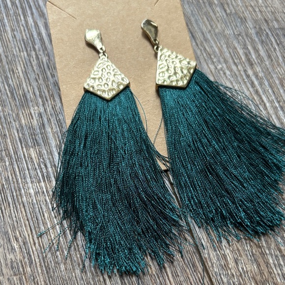 Fun Gold and Teal Green Tassel Earrings - Picture 2 of 5